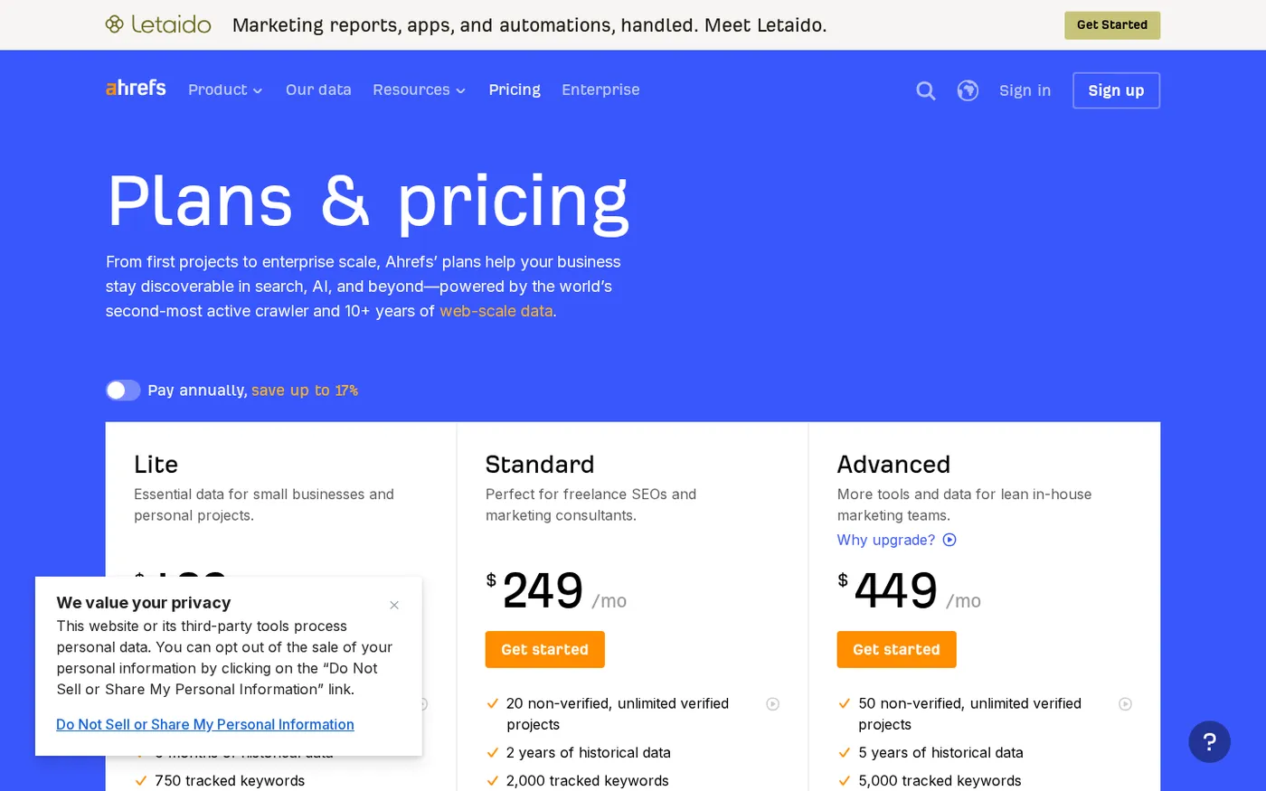 Ahrefs pricing page checked in October 2026, showing the current official plan choices.