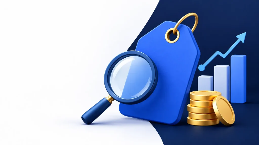 An abstract blue coupon tag beside a magnifying glass, coins, and a small analytics chart on a clean navy background.